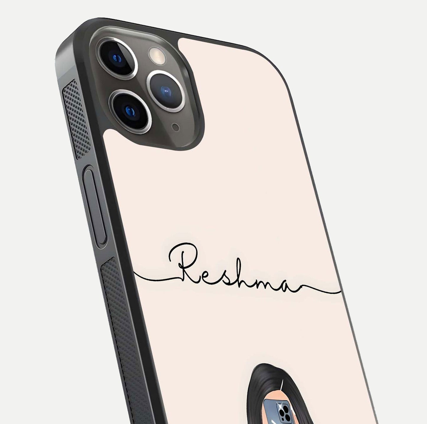 Mirror Mood Muse Custom Name Glass Case for iPhone 13 Pro close-up angled shot highlighting gloss and mirror depth