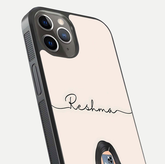Mirror Mood Muse Custom Name Glass Case for iPhone 13 Pro close-up angled shot highlighting gloss and mirror depth
