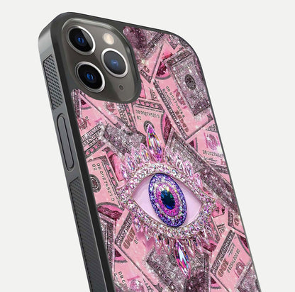 Money Eye Luxe Glass Case for iPhone 13 Pro close-up angled shot showing gold detailing and reflection shine