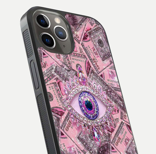 Money Eye Luxe Glass Case for iPhone 13 Pro close-up angled shot showing gold detailing and reflection shine