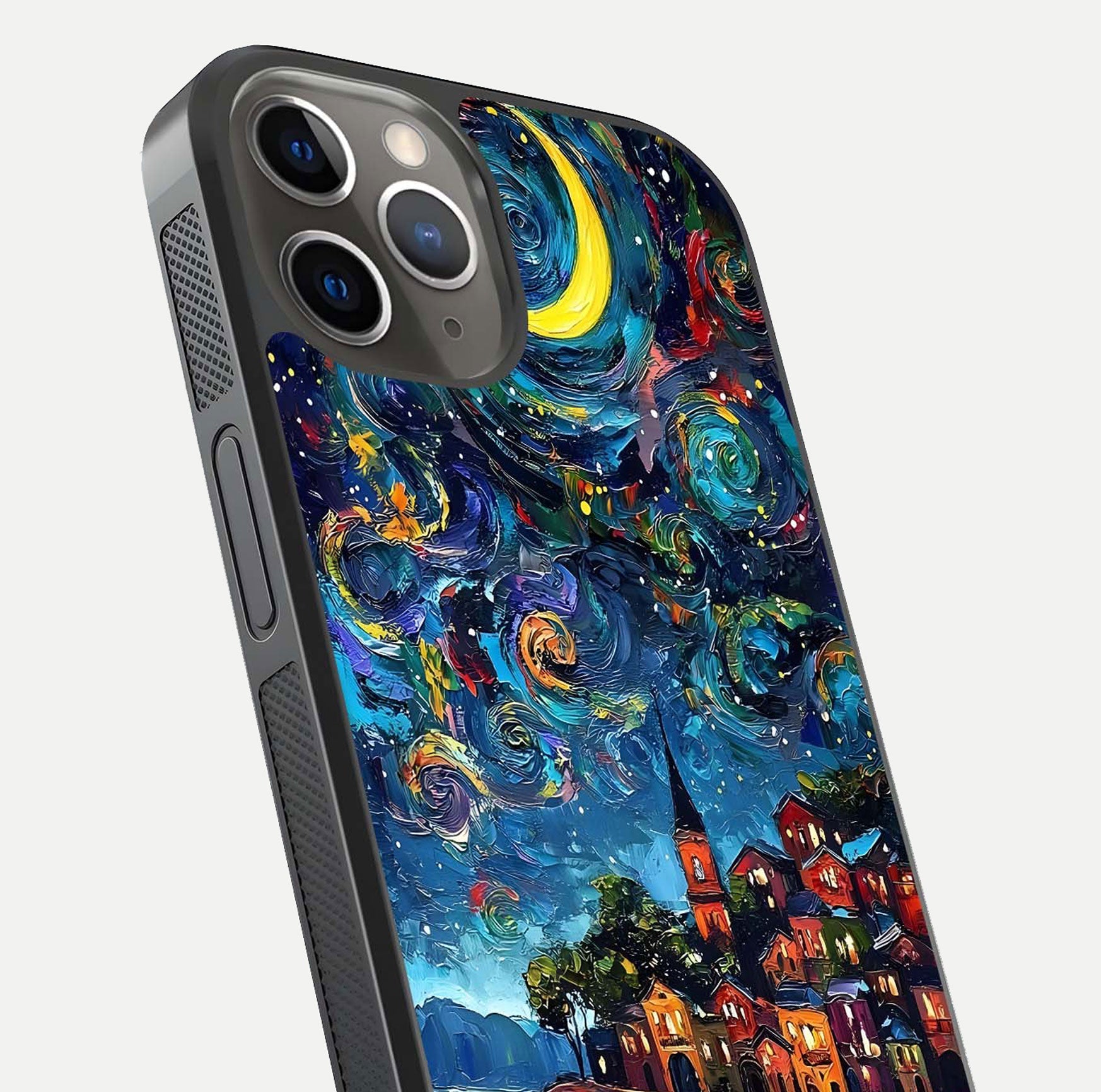 Moonlight Harbor Glow Glass Case for iPhone 13 Pro close-up angled shot showing reflection and moonlight glow