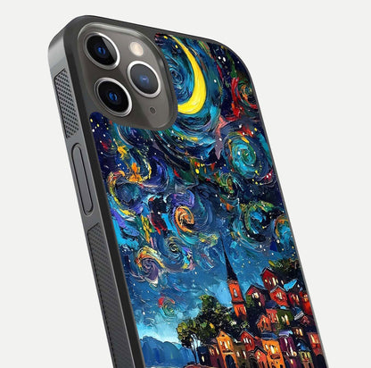 Moonlight Harbor Glow Glass Case for iPhone 13 Pro close-up angled shot showing reflection and moonlight glow