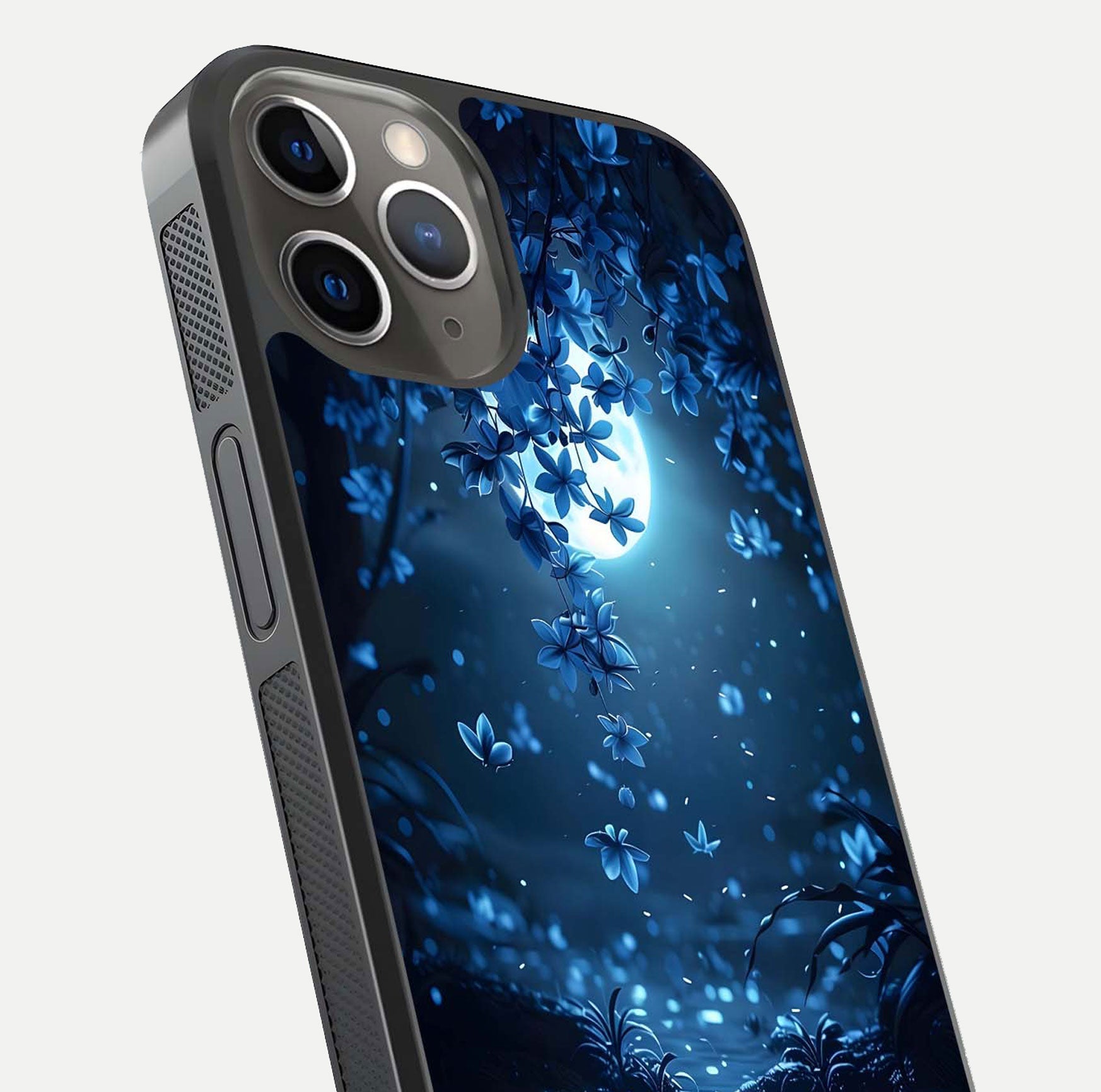 Moonlight Petal Dream Glass Case for iPhone 13 Pro close-up angled shot showing petal reflection and glow texture