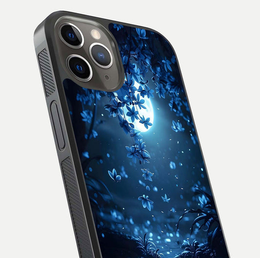 Moonlight Petal Dream Glass Case for iPhone 13 Pro close-up angled shot showing petal reflection and glow texture