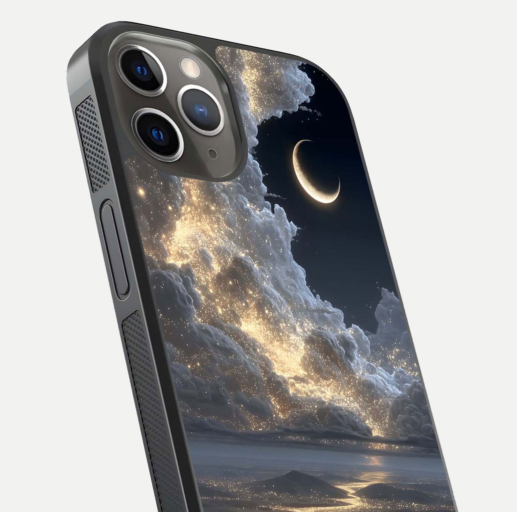 Moonlight Spark Path Glass Case for iPhone 13 Pro close-up angled shot showing glowing stars and reflection