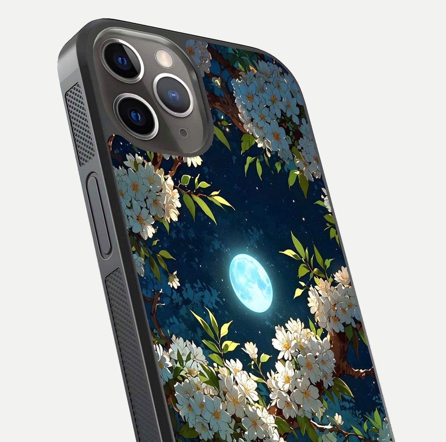 Moonlit Blossom Dream Glass Case for iPhone 13 Pro close-up angled shot showing glowing petals and reflection