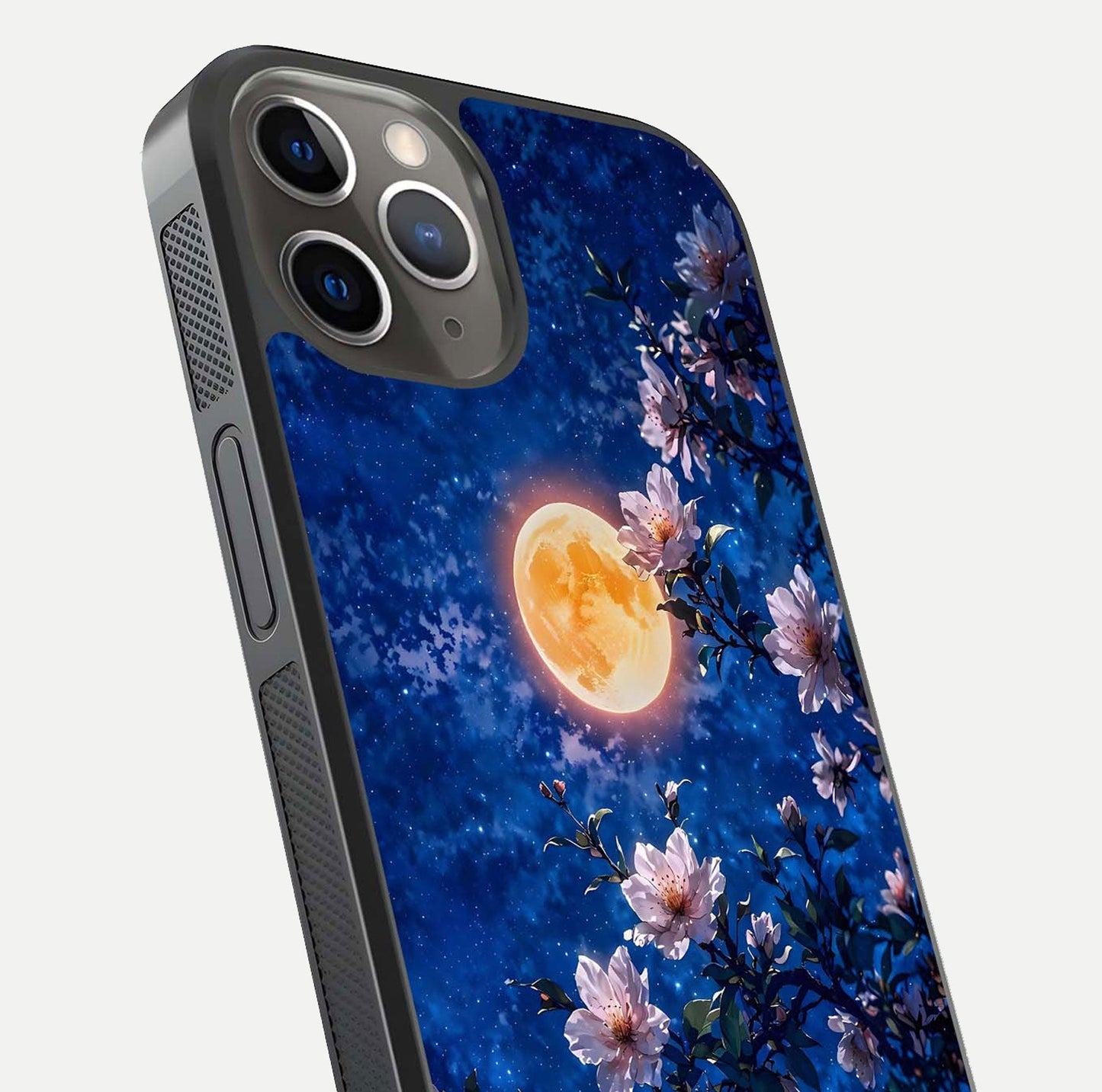 Moonlit Blossoms Night Glass Case for iPhone 13 Pro close-up angled shot showing petal glow and reflection detail