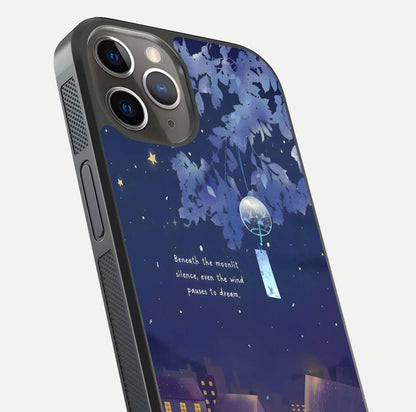 Moonlit Cat Silence Glass Case for iPhone 13 Pro close-up angled shot showing soft glow and reflection texture