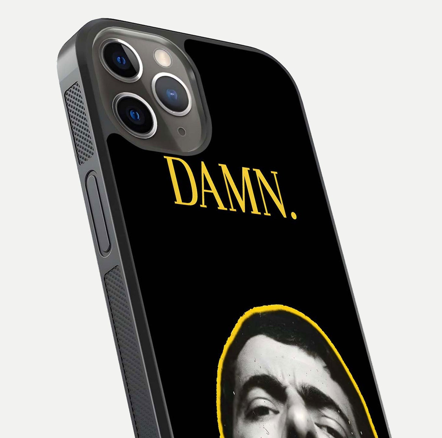 Mr Bean Damn Glass Case for iPhone 13 Pro close-up angled shot highlighting comic expression and shine detail