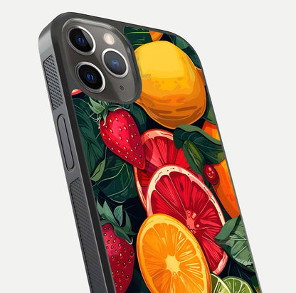 Multiple Fruits Glass Case for iPhone 13 Pro close-up angled shot showing fruit texture and HD gloss shine
