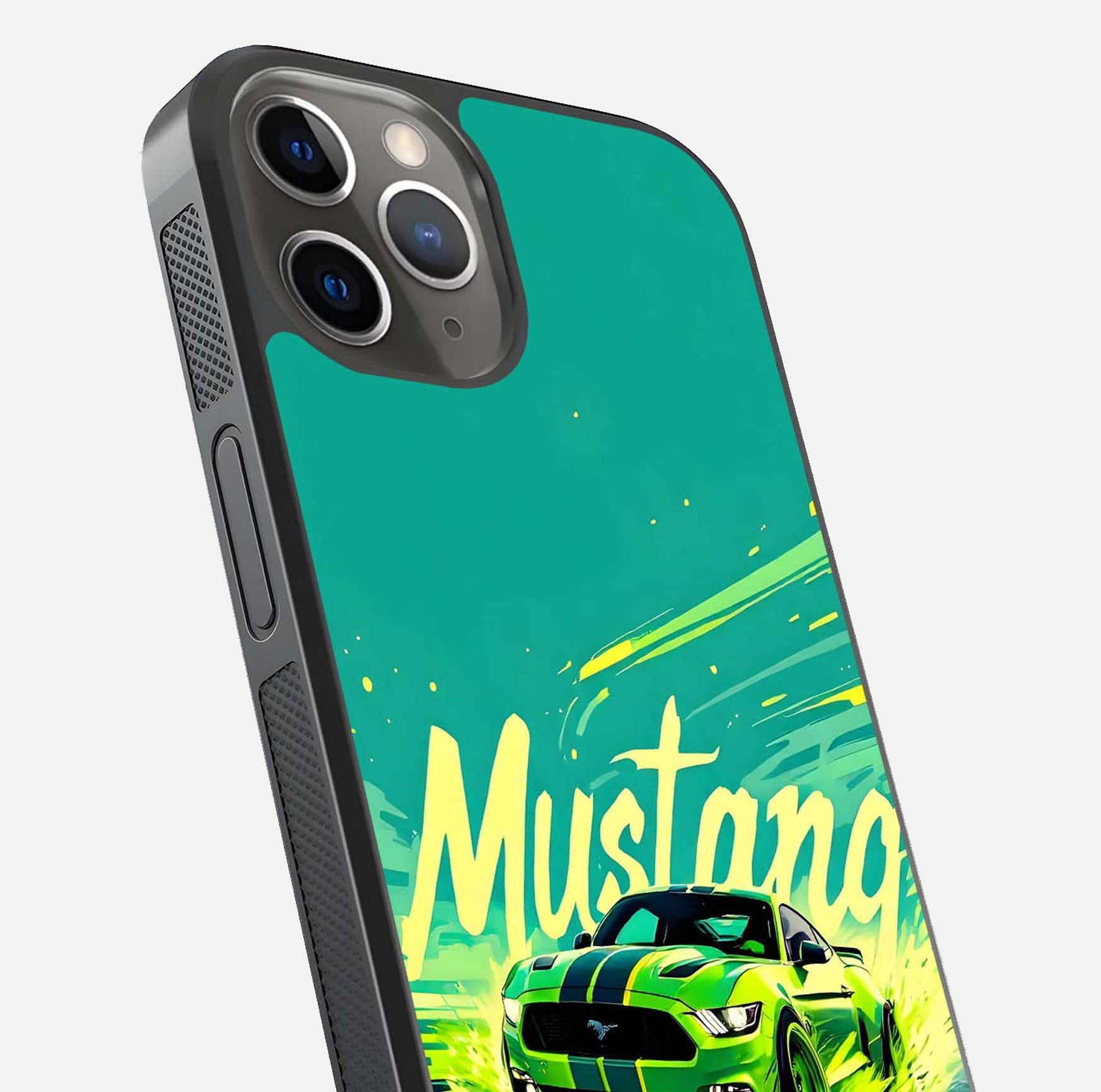 Mustang Bang Glass Case for iPhone 13 Pro close-up angled shot showing car emblem and HD reflection