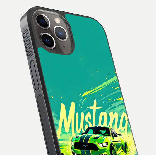 Mustang Bang Glass Case for iPhone 13 Pro close-up angled shot showing car emblem and HD reflection