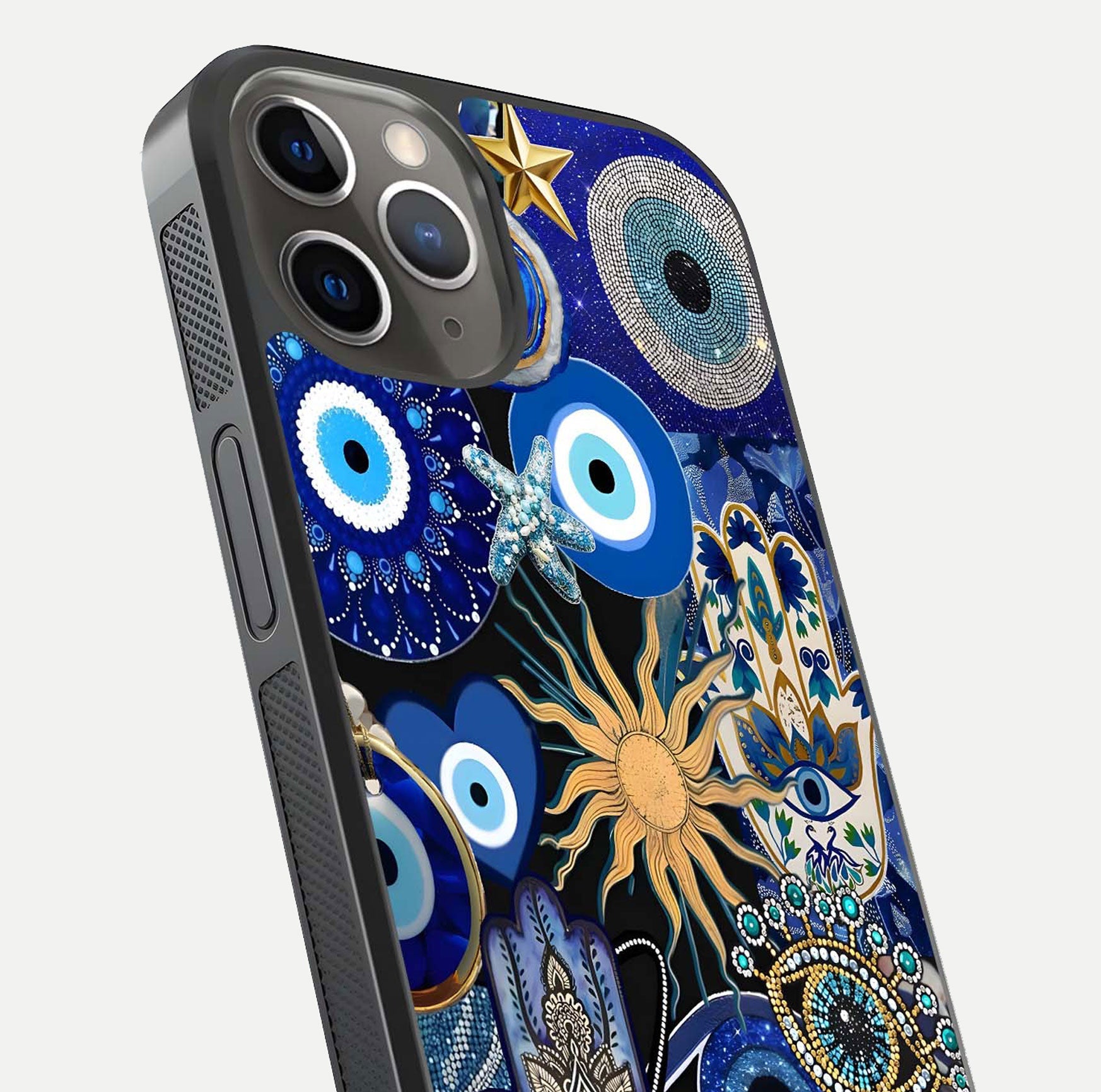 Mystic Blue Evil Eye Glass Case for iPhone 13 Pro close-up angled shot highlighting mystical glow and HD reflection