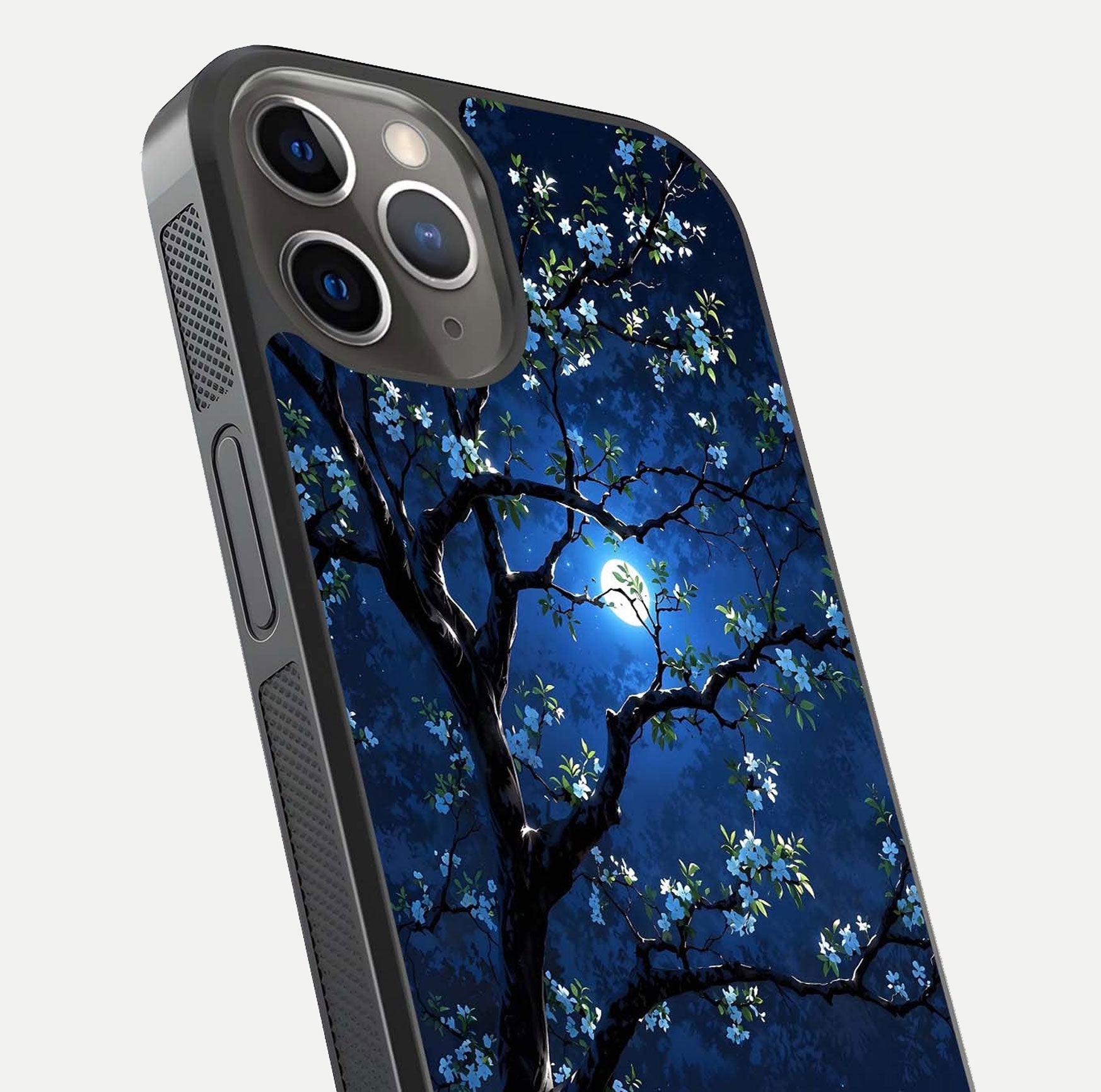 Mystic Floral Night Glass Case for iPhone 13 Pro close-up angled shot highlighting petal detail and HD reflection