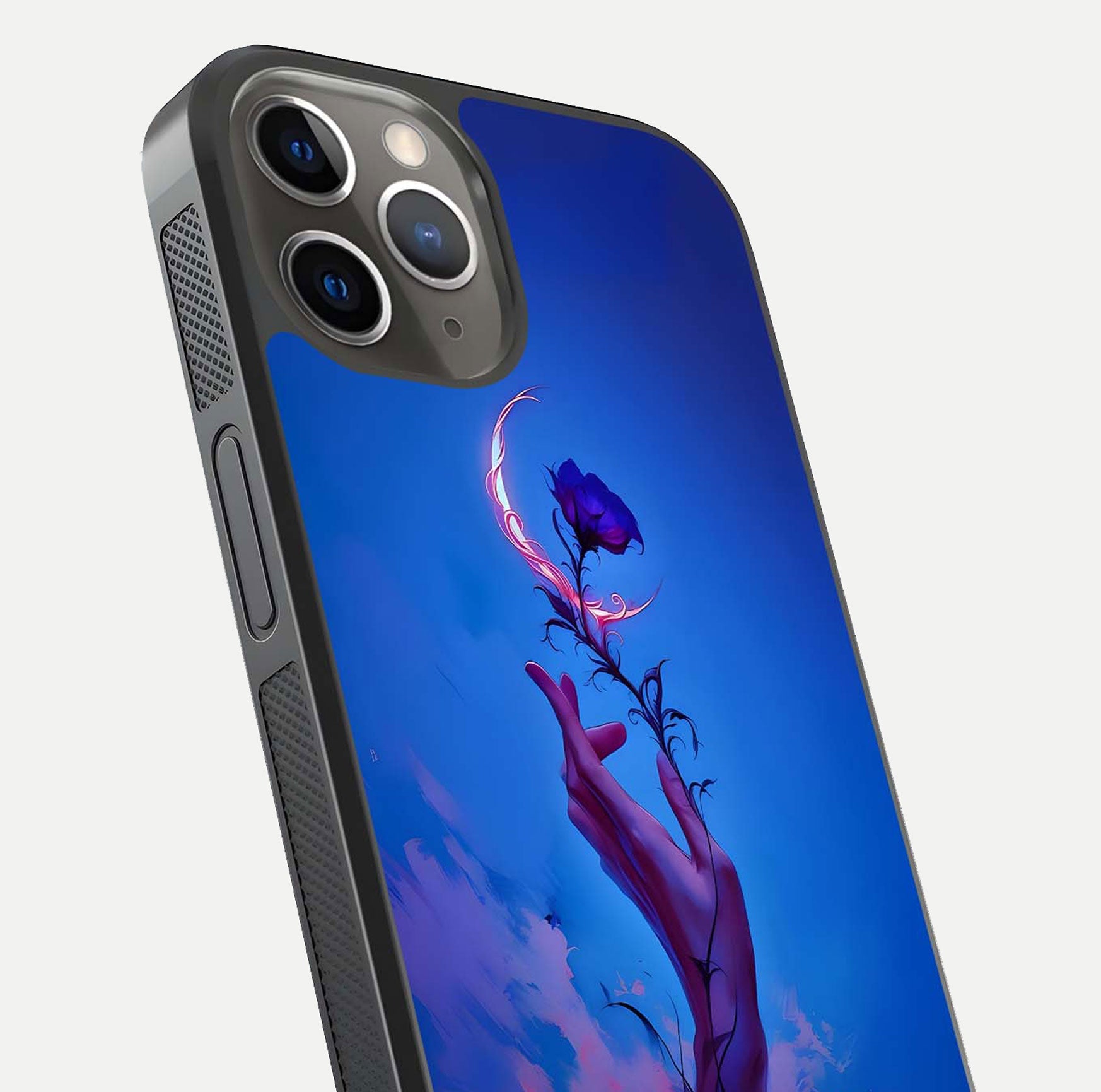 Mystic Hand Glass Case for iPhone 13 Pro close-up angled shot showing spiritual markings and reflection