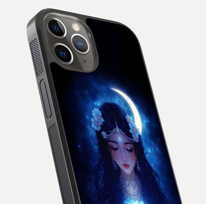 Mystic Moon Queen Glass Case for iPhone 13 Pro close-up angled shot showing shine and lunar tones
