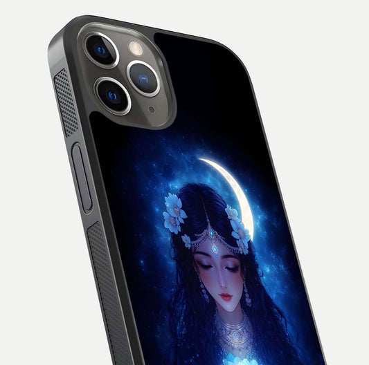 Mystic Moon Queen Glass Case for iPhone 13 Pro close-up angled shot showing shine and lunar tones