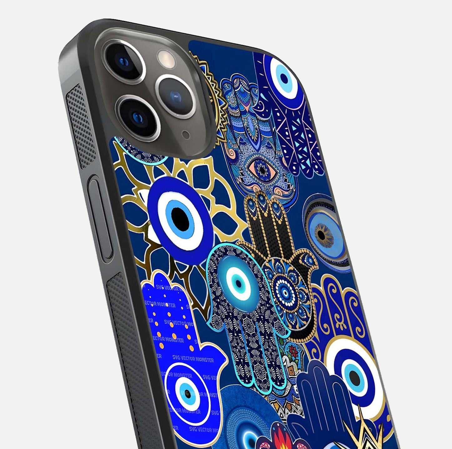 Mystic Palm Guard Glass Case for iPhone 13 Pro close-up angled shot showing eye symbol and fine texture