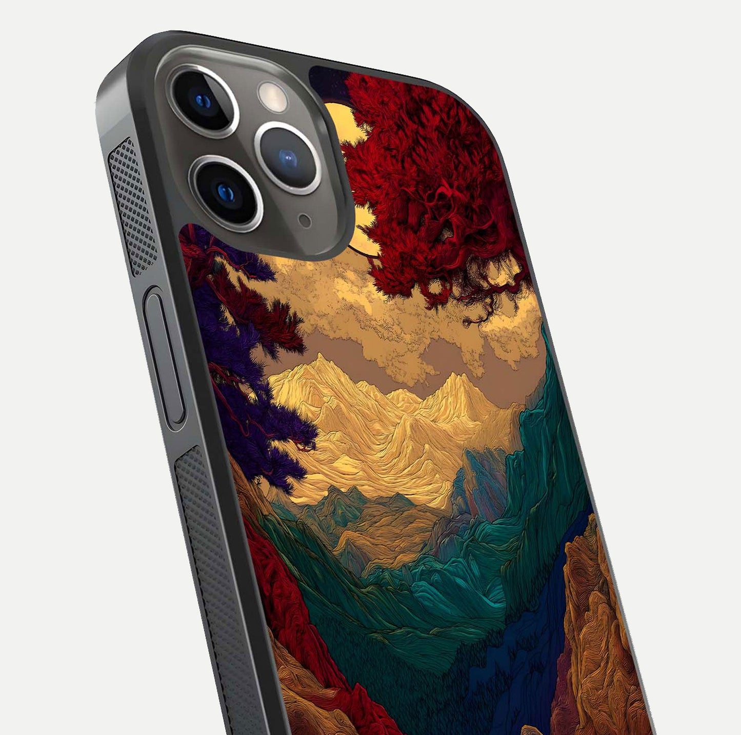 Mystic Valley Light Glass Case for iPhone 13 Pro close-up angled shot highlighting gradient sky and reflection