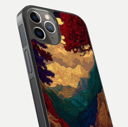 Mystic Valley Light Glass Case for iPhone 13 Pro close-up angled shot highlighting gradient sky and reflection