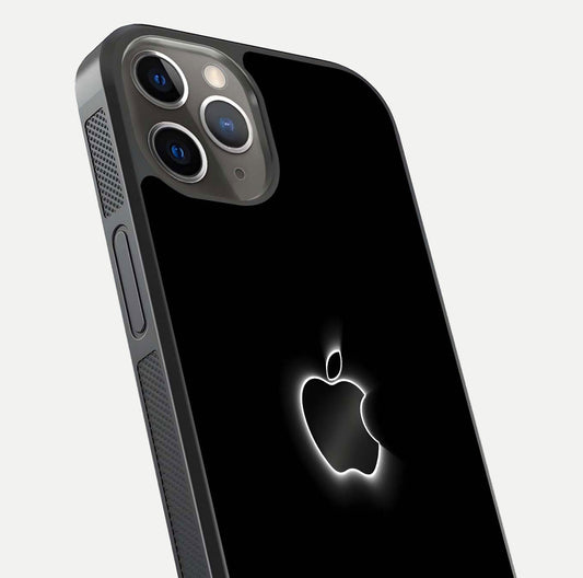 Neon Apple Glow Glass Case for iPhone 13 Pro close-up angled shot highlighting neon reflection and color pop