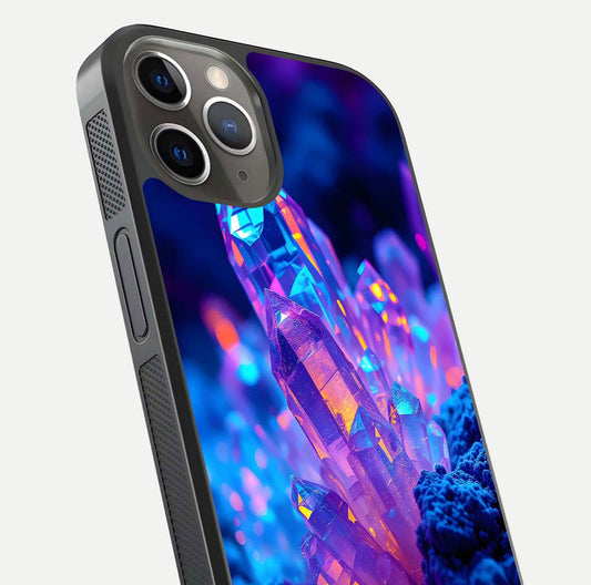 Neon Aura Shards Glass Case for iPhone 13 Pro close-up angled shot highlighting fragment pattern and reflection