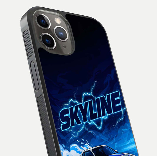 Neon Drift Beast Glass Case for iPhone 13 Pro close-up angled shot highlighting glowing streaks and vivid reflection