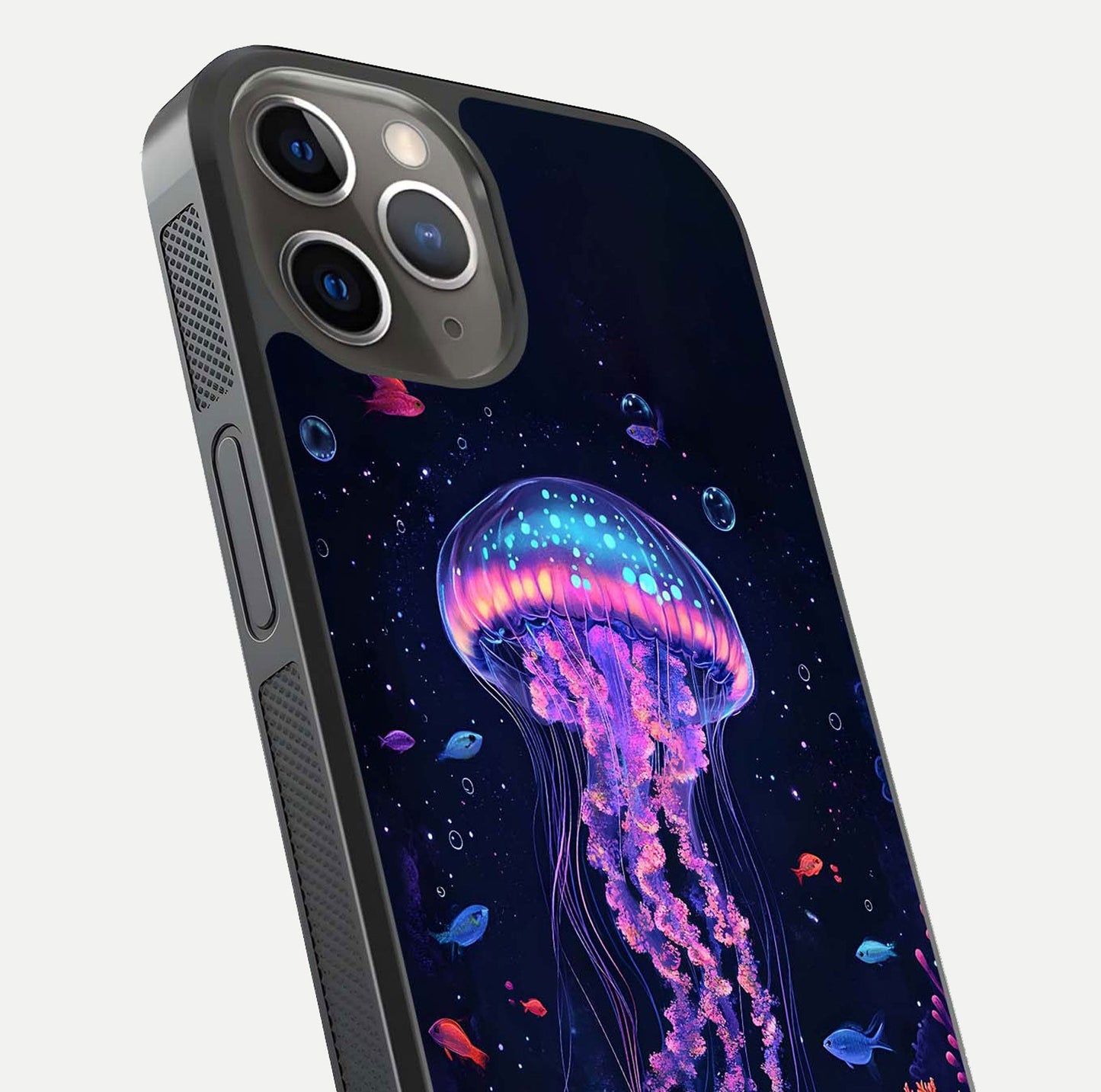 Neon Jellyfish Glass Case for iPhone 13 Pro close-up angled shot showing translucent jellyfish and shine reflection