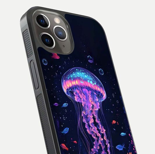 Neon Jellyfish Glass Case for iPhone 13 Pro close-up angled shot showing translucent jellyfish and shine reflection