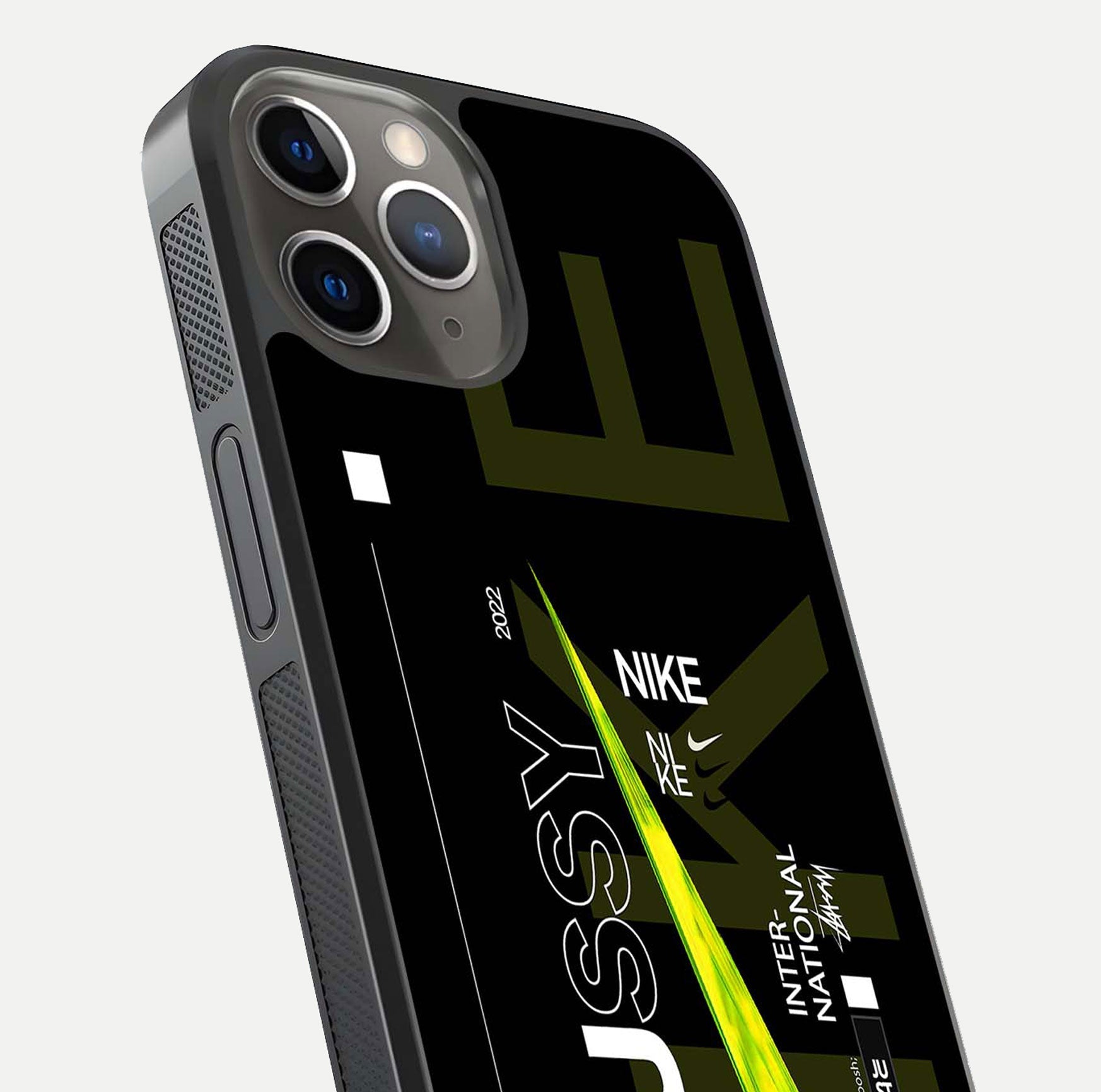 Neon Street Edition Glass Case for iPhone 13 Pro close-up angled shot showing urban neon lights and shine