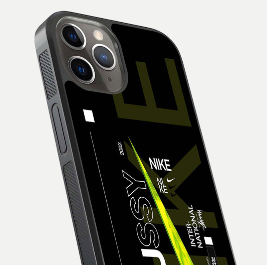 Neon Street Edition Glass Case for iPhone 13 Pro close-up angled shot showing urban neon lights and shine