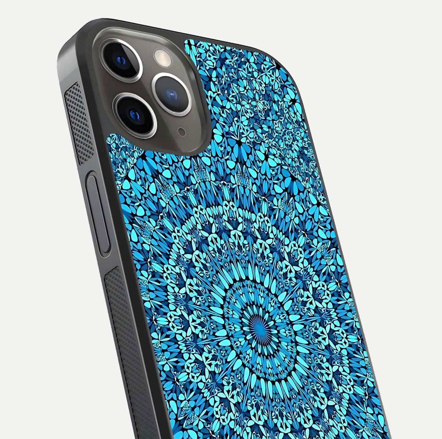 Ocean Bloom Mandala Glass Case for iPhone 13 Pro close-up angled shot highlighting detailed mandala and reflection