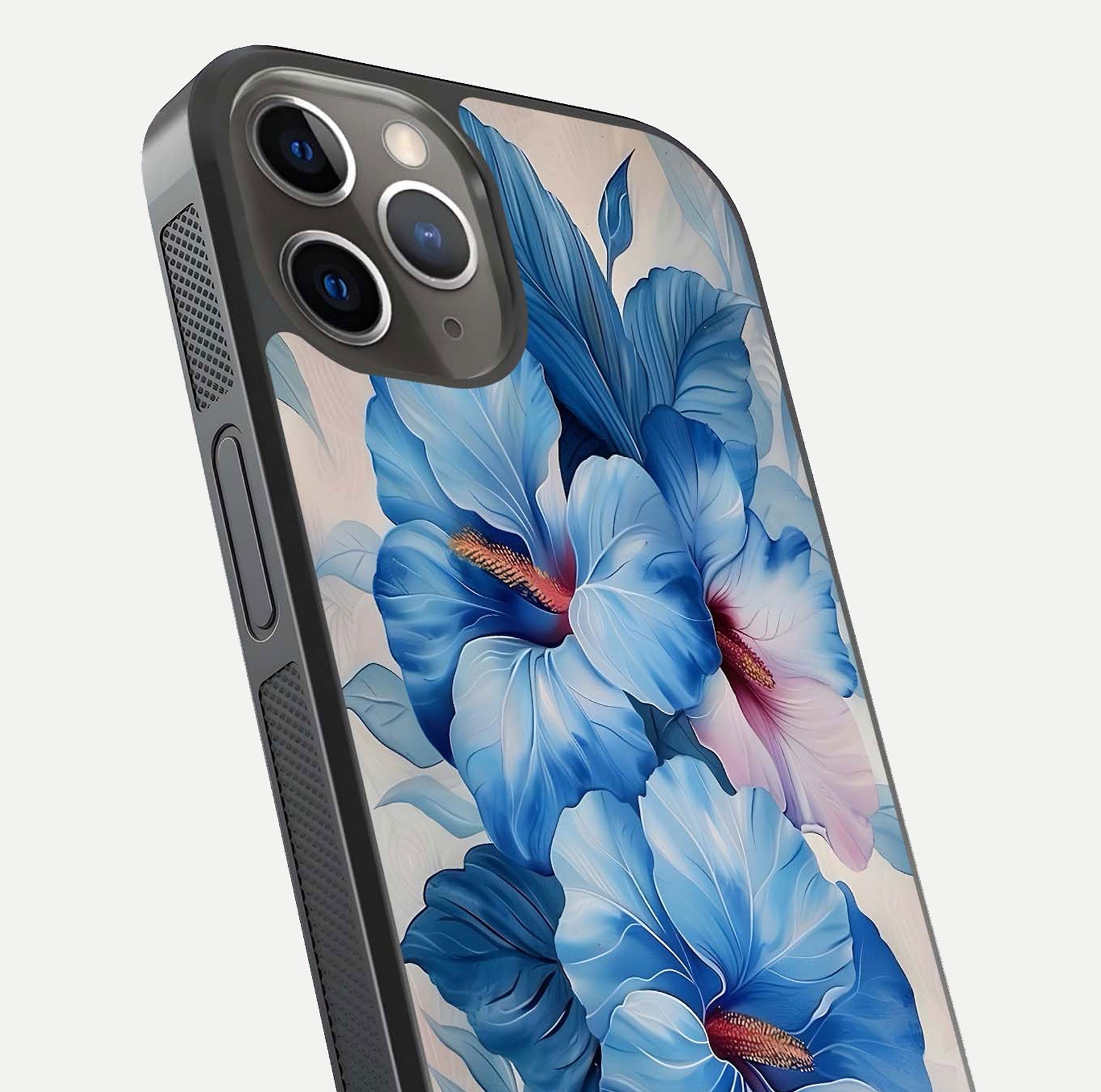 Ocean Hibiscus Grace Glass Case for iPhone 13 Pro close-up angled shot highlighting floral glow and HD shine