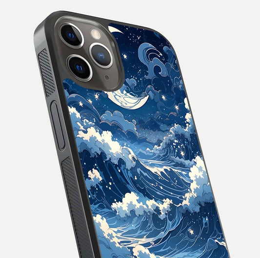 Ocean Moon Waves Glass Case for iPhone 13 Pro close-up angled shot showing HD reflection and calm tones
