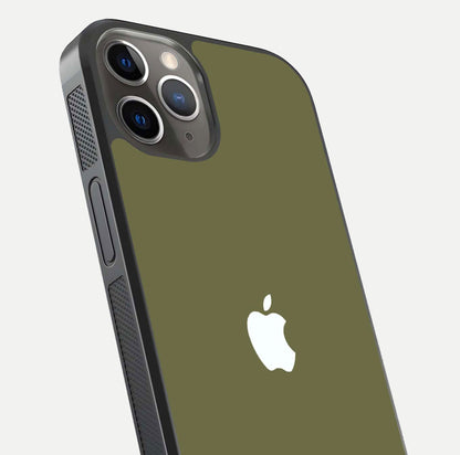 Olive Matte Essence Glass Case for iPhone 13 Pro close-up angled shot showing soft reflection and minimal finish