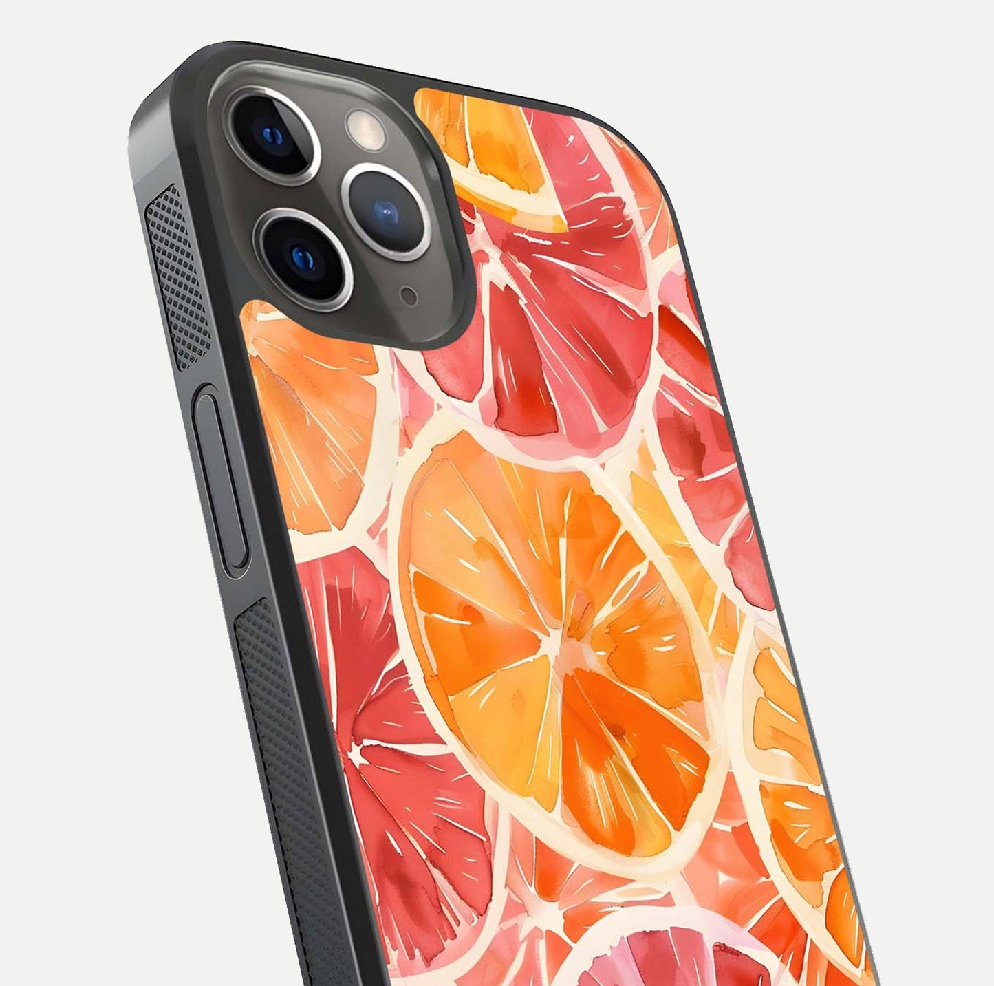 Orange Fruits Pattern Glass Case for iPhone 13 Pro close-up angled shot showing juicy fruit texture and reflection