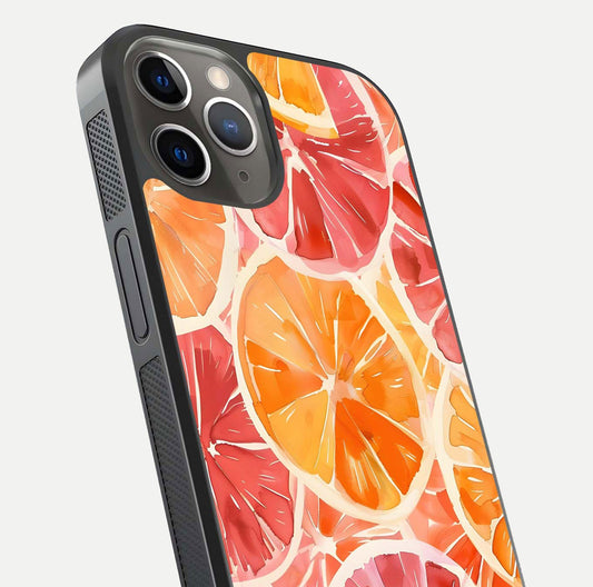 Orange Fruits Pattern Glass Case for iPhone 13 Pro close-up angled shot showing juicy fruit texture and reflection