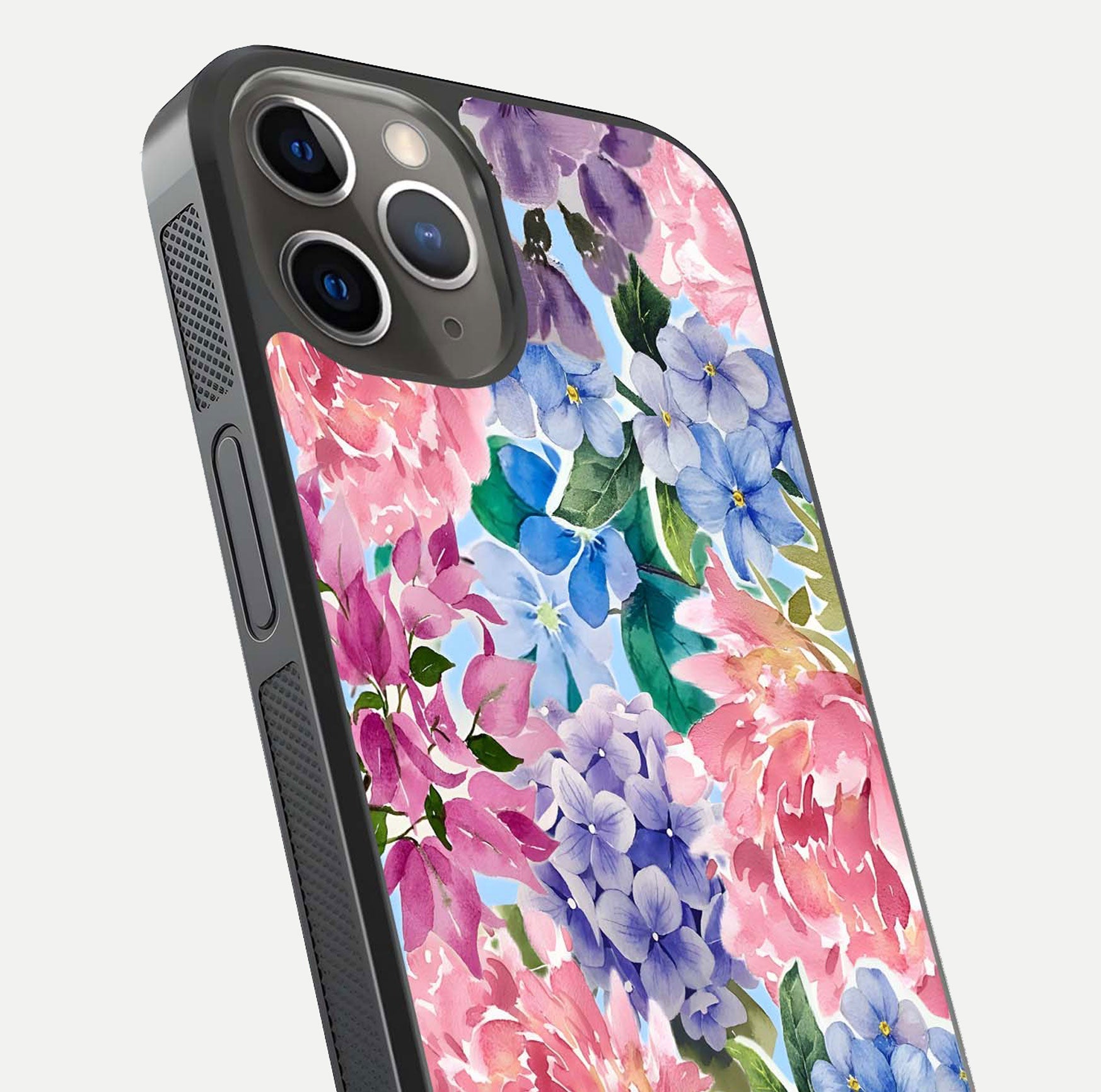 Pastel Floral Mix Glass Case for iPhone 13 Pro close-up angled shot highlighting flower detail and reflection