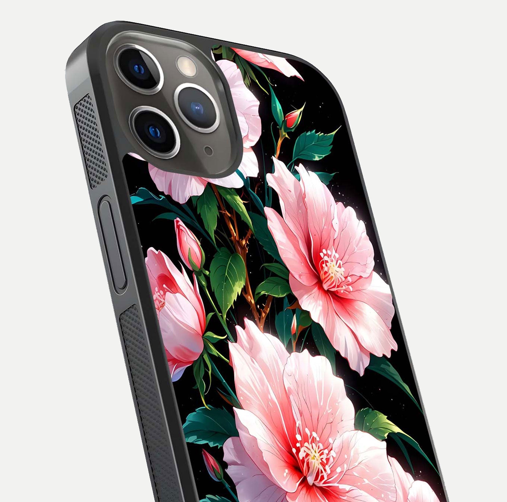 Peach Flower Glass Case for iPhone 13 Pro close-up angled shot highlighting floral petals and HD glass reflection