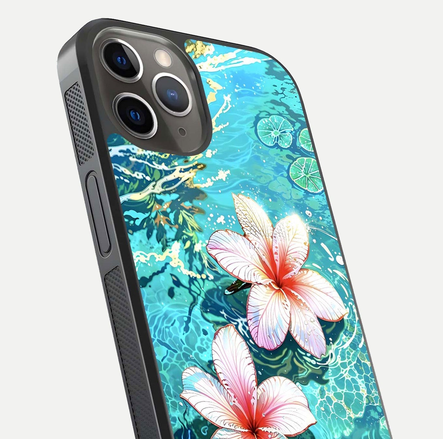 Pink Flowers in Water Glass Case for iPhone 13 Pro close-up angled shot highlighting water ripple and reflection