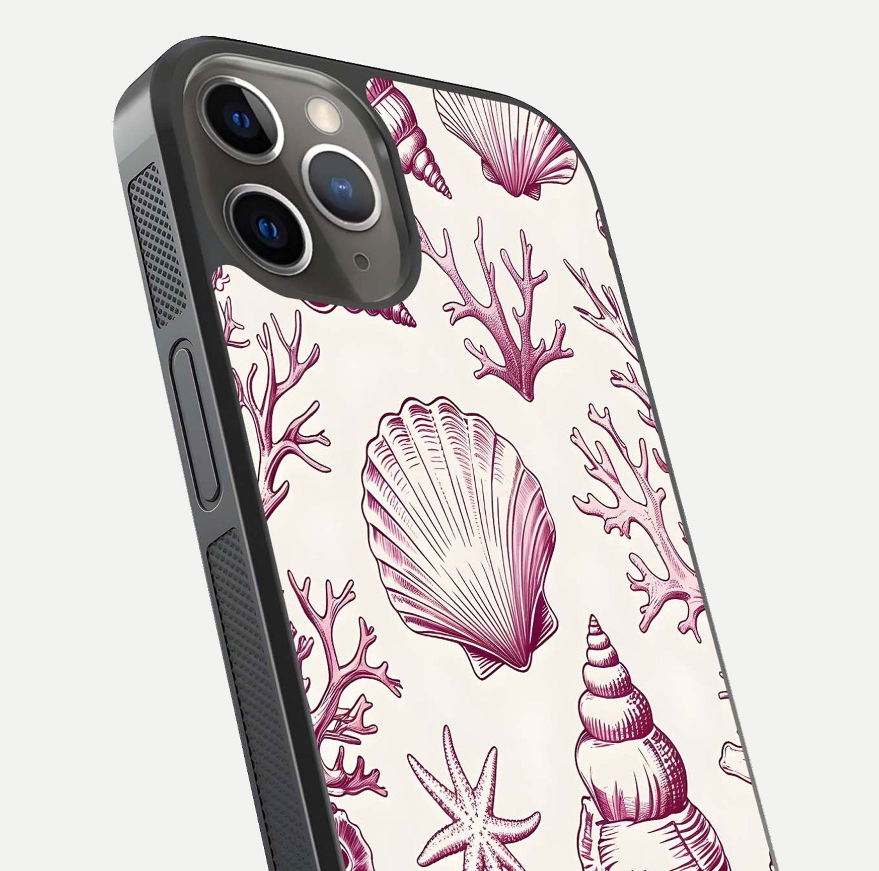 Pink Shells Outline Glass Case for iPhone 13 Pro close-up angled shot showing fine shell lines and reflection