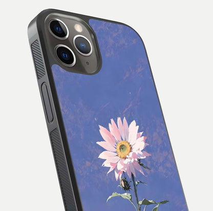 Pink Sunflower Glow Glass Case for iPhone 13 Pro close-up angled shot highlighting petal texture and reflection