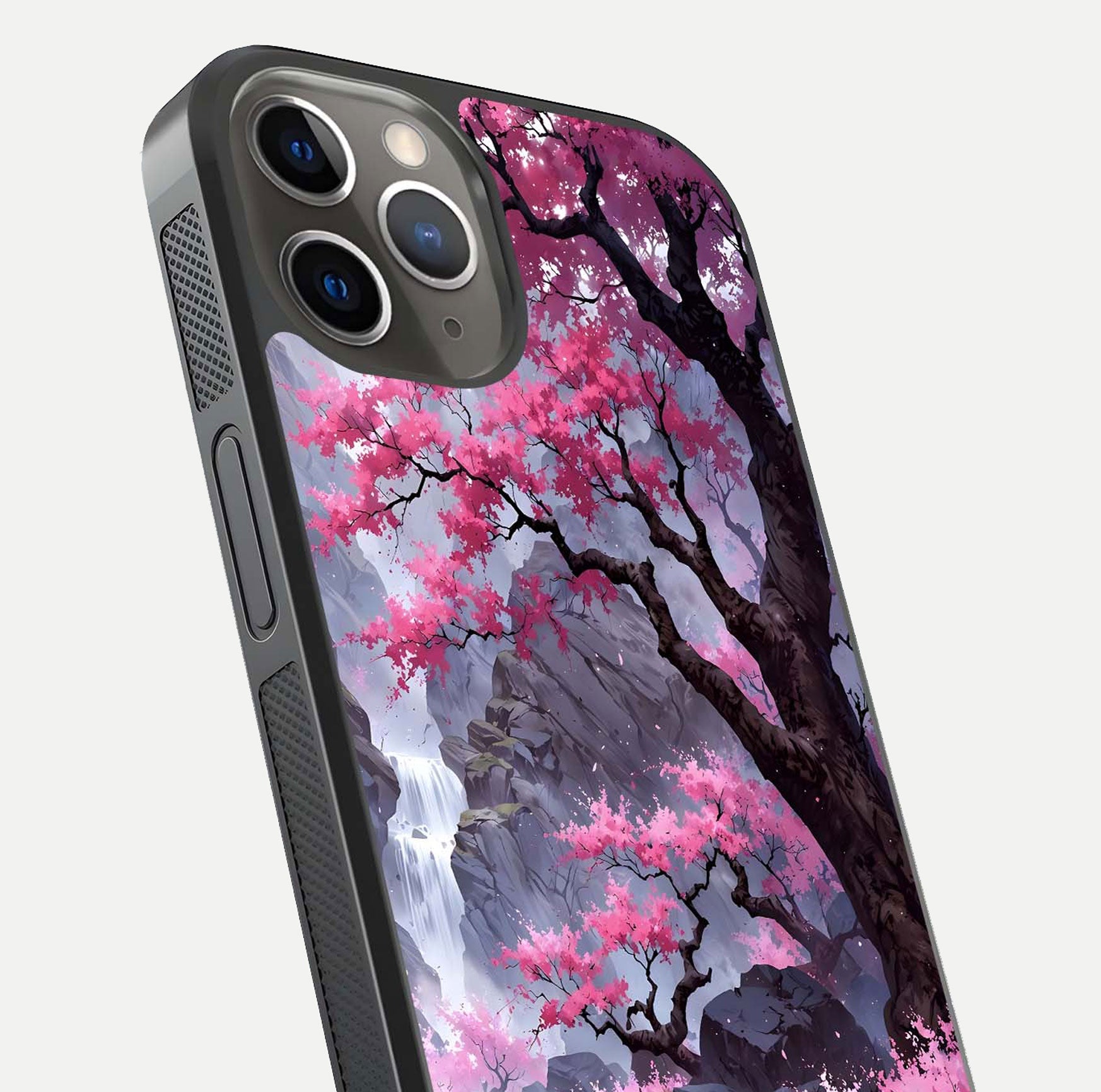 Pinkish Scenery Glass Case for iPhone 13 Pro close-up angled shot showing reflection and gradient color blend