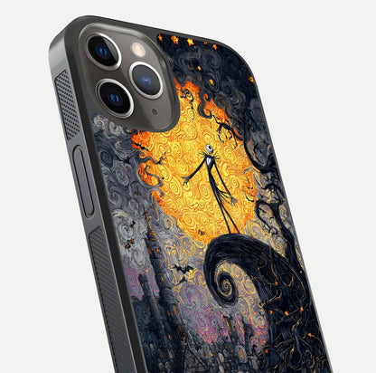 Pumpkin Moon Night Glass Case for iPhone 13 Pro close-up angled shot showing moon reflection and Halloween glow