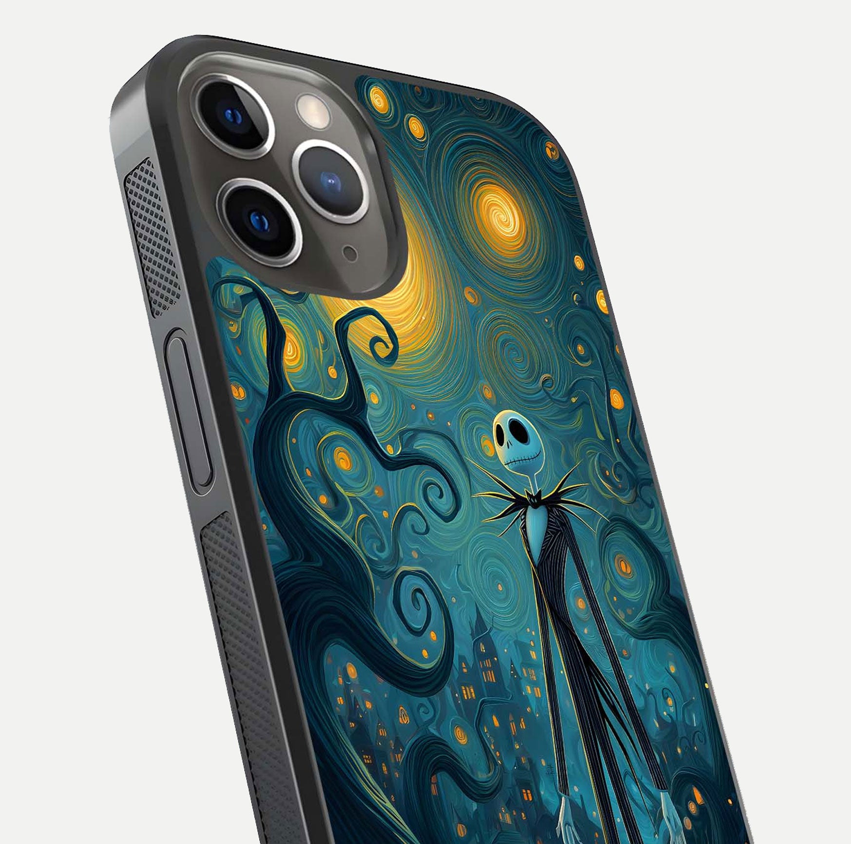 Pumpkin Moonlight Tale Glass Case for iPhone 13 Pro close-up angled shot highlighting reflection and vibrant glow