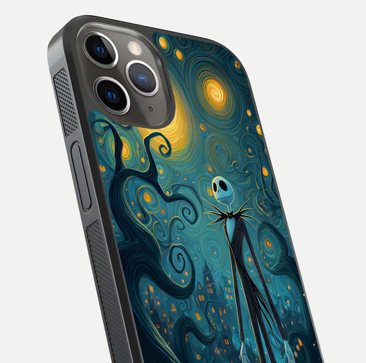 Pumpkin Moonlight Tale Glass Case for iPhone 13 Pro close-up angled shot highlighting reflection and vibrant glow