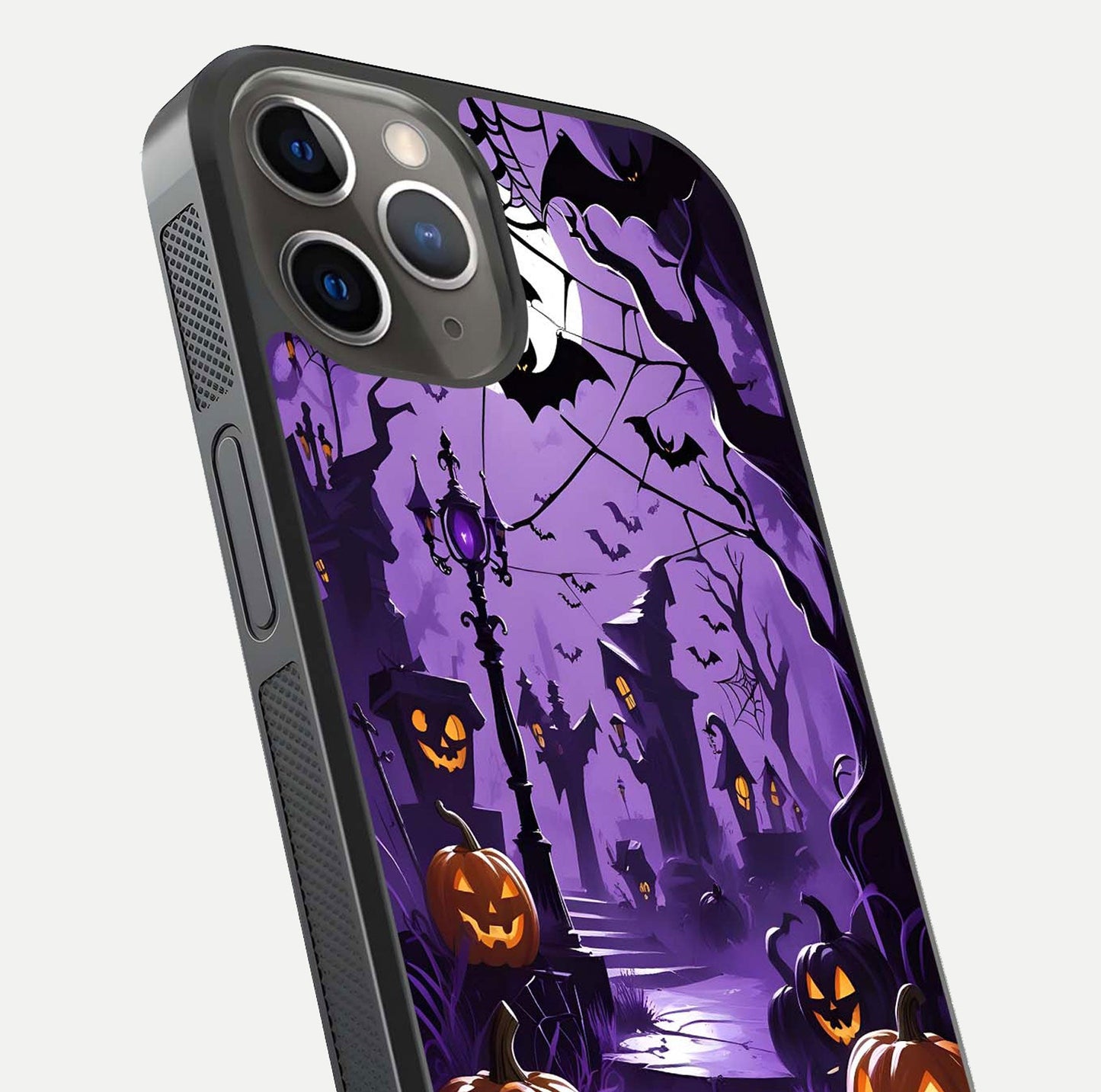Pumpkin Patch Halloween Glass Case for iPhone 13 Pro close-up angled shot highlighting pumpkin texture and shine