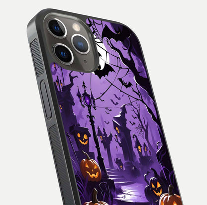 Pumpkin Patch Halloween Glass Case for iPhone 13 Pro close-up angled shot highlighting pumpkin texture and shine