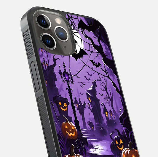 Pumpkin Patch Halloween Glass Case for iPhone 13 Pro close-up angled shot highlighting pumpkin texture and shine