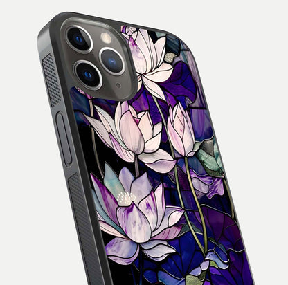 Purple Lotus Pattern Glass Case for iPhone 13 Pro close-up angled shot showing petal texture and HD reflection